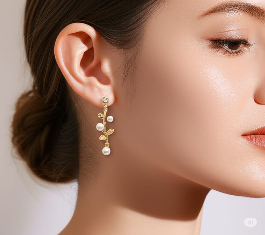 Gold Leaf Pearl Drop Earrings for Women & Girls | Elegant Branch Design Dangler Earrings | Lightweight Partywear Jewellery