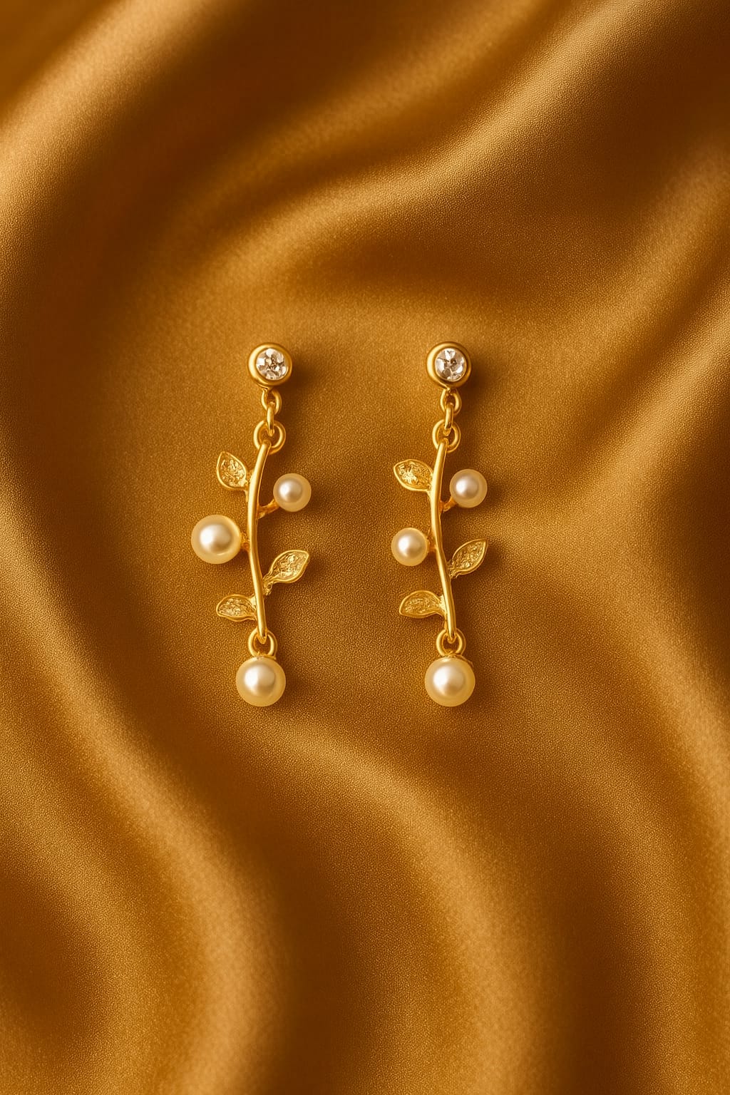 Gold Leaf Pearl Drop Earrings for Women & Girls | Elegant Branch Design Dangler Earrings | Lightweight Partywear Jewellery