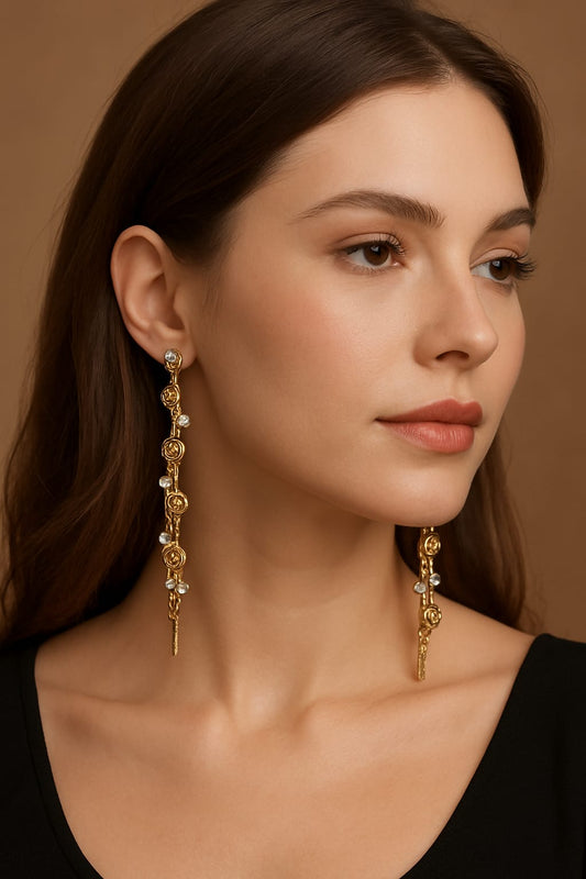 Gold Long Drop Earrings for Women with Pearl Accents | Designer Statement Earrings | Velvet Petals