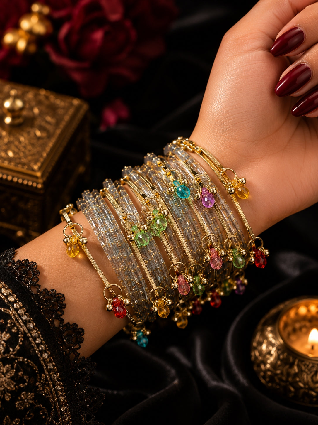 Black Kashmiri Bangle Set with Crystal Charms