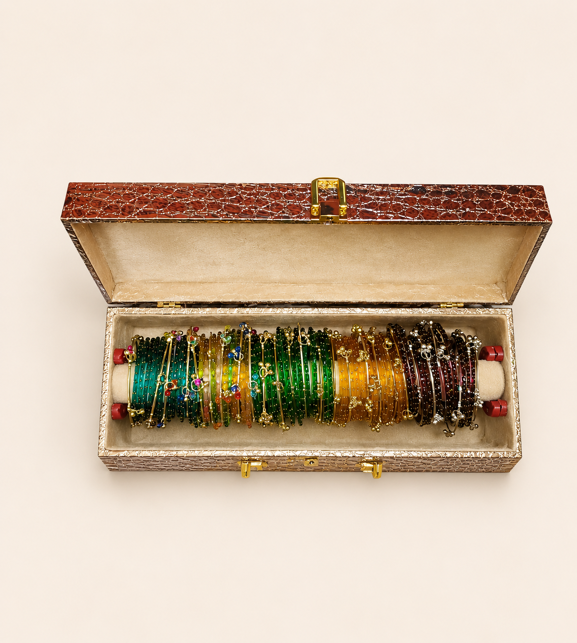 10 Kashmiri golden bangles in emerald green and gold with ghungroo drops