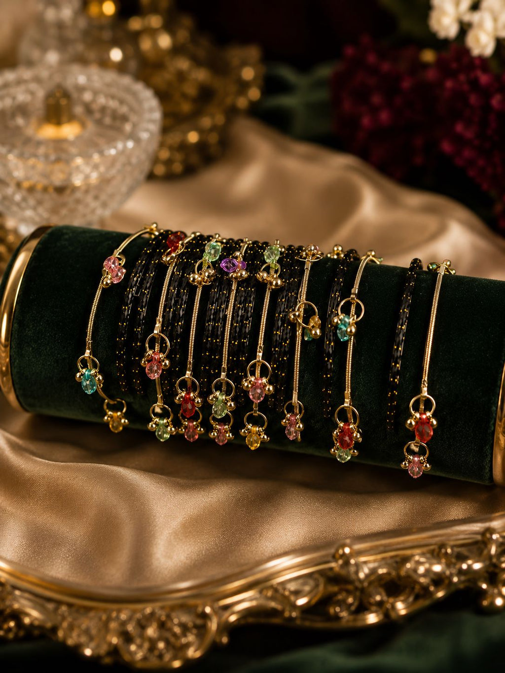 Kashmiri bangle set black colour on gold tray