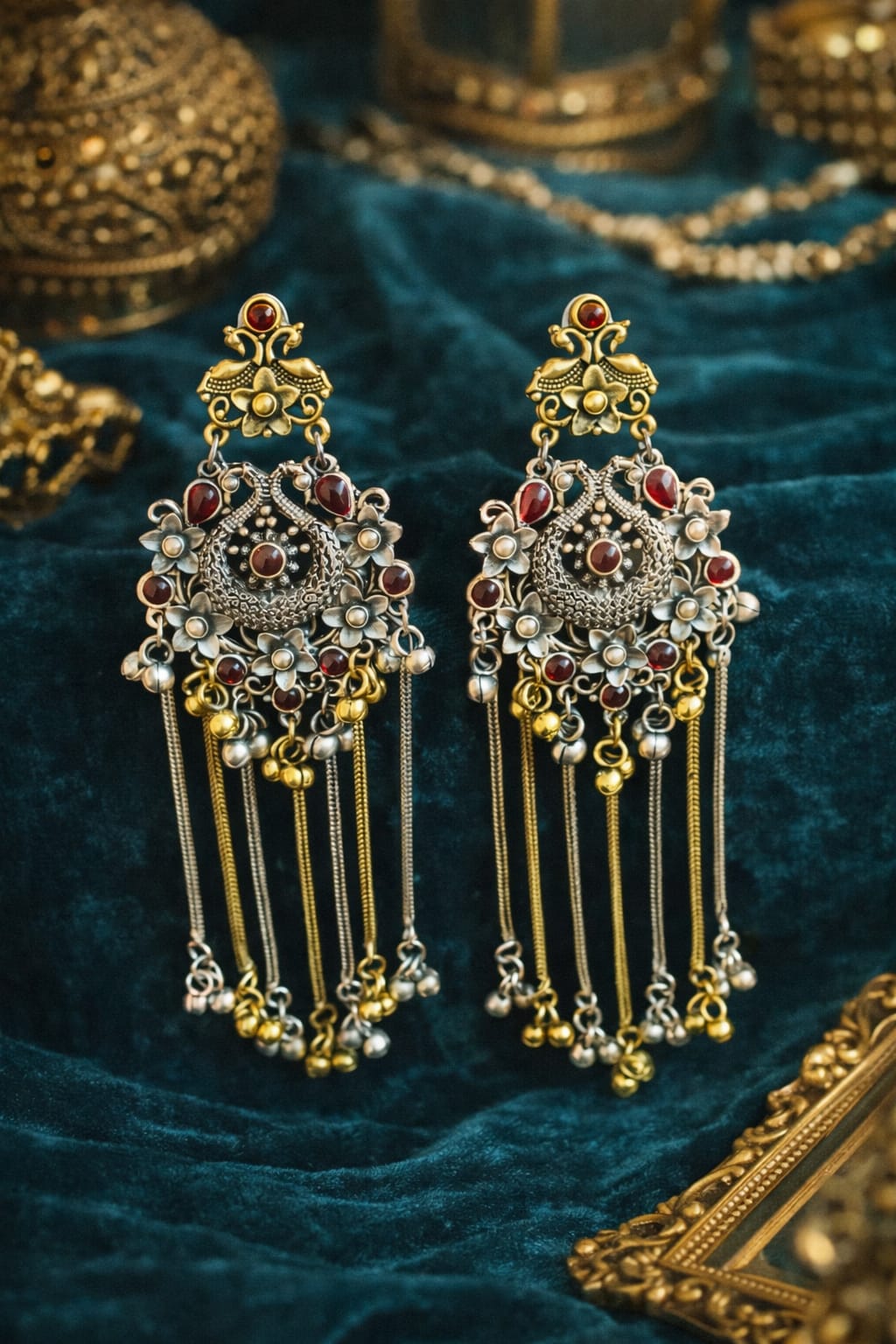 Heritage Kashmiri Long Tassel Earrings – Antique Gold & Silver Ethnic Dangler
