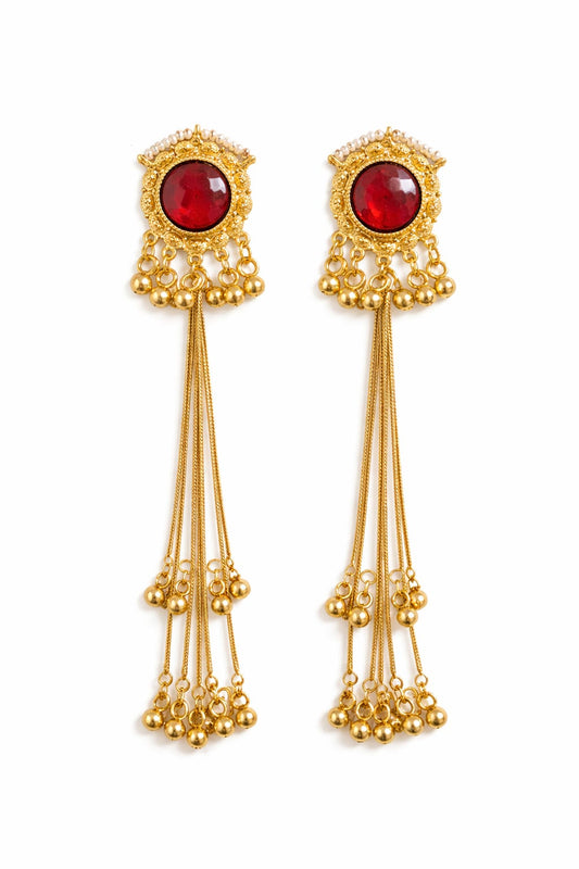 Kashmiri Red Stone Long Dangler Earrings – Traditional Gold Ethnic Earrings