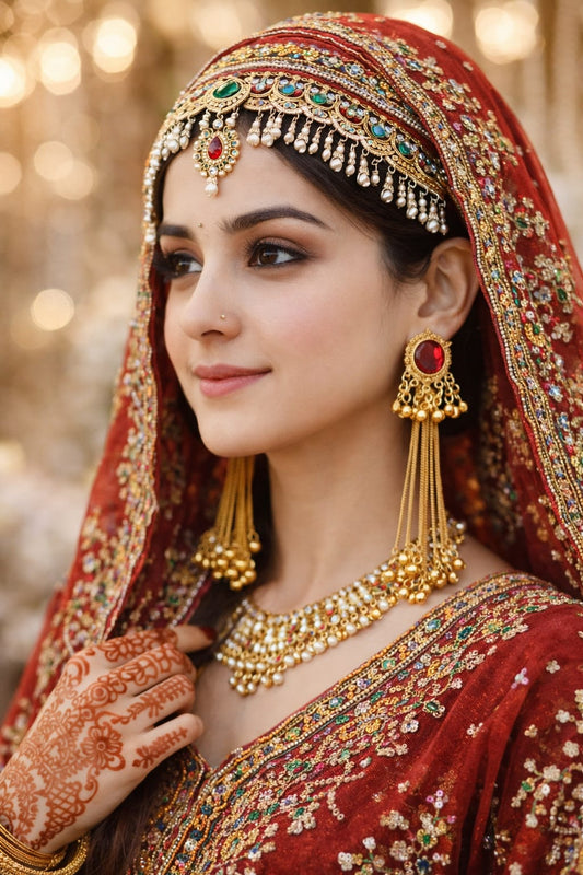 Kashmiri Red Stone Long Dangler Earrings – Traditional Gold Ethnic Earrings