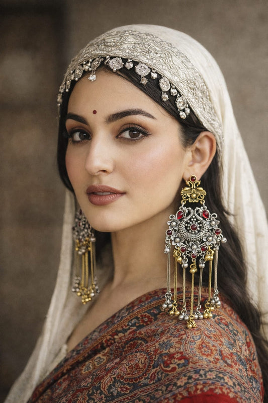 Heritage Kashmiri Long Tassel Earrings – Antique Gold & Silver Ethnic Dangler