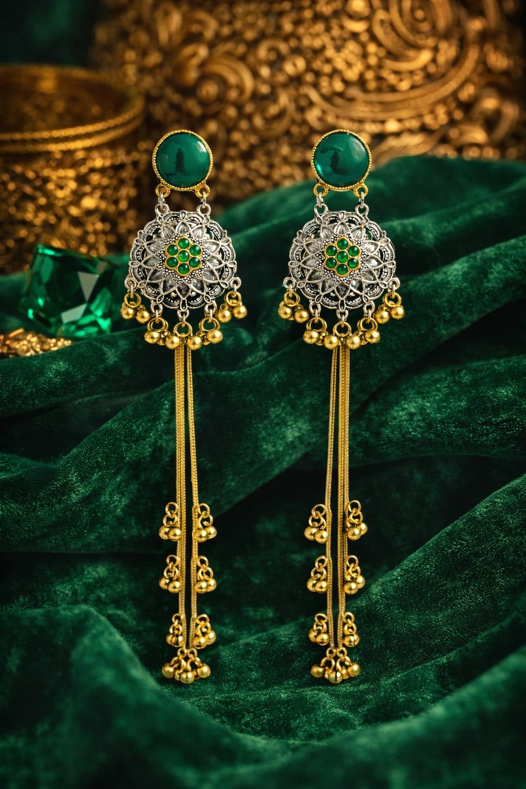 Emerald Kashmiri Long Tassel Earrings – Traditional Antique Dangler