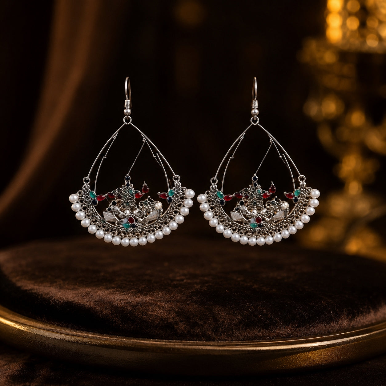Oxidised silver Kashmiri chandbali earrings with pearl border on dark background with gold decor