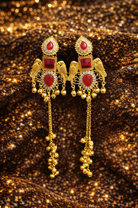 Royal Kashmiri Red Stone Long Dangler Earrings – Traditional Ethnic Jewellery