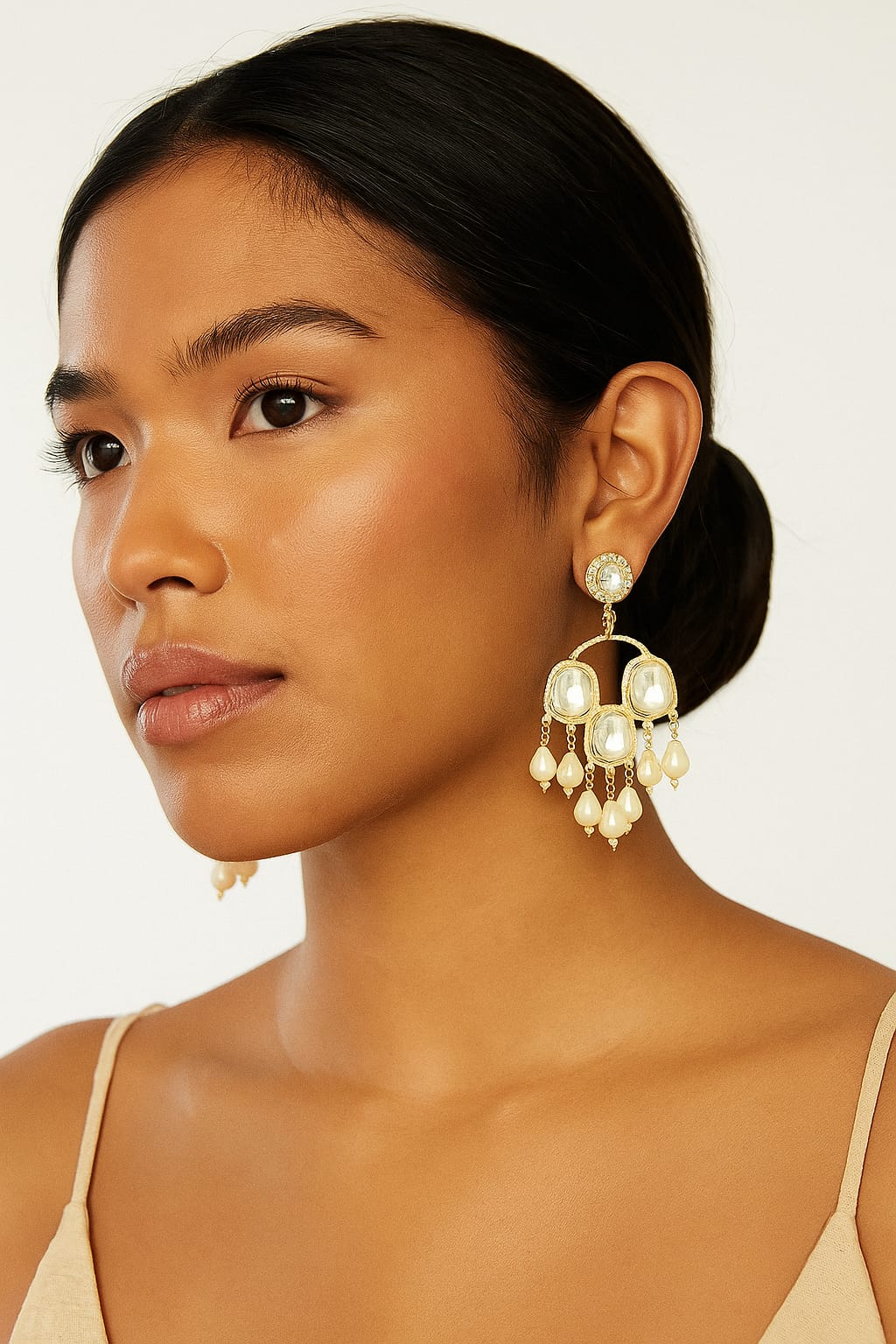 Premium Kundan Mirror & Pearl Drop Chandbali Earrings