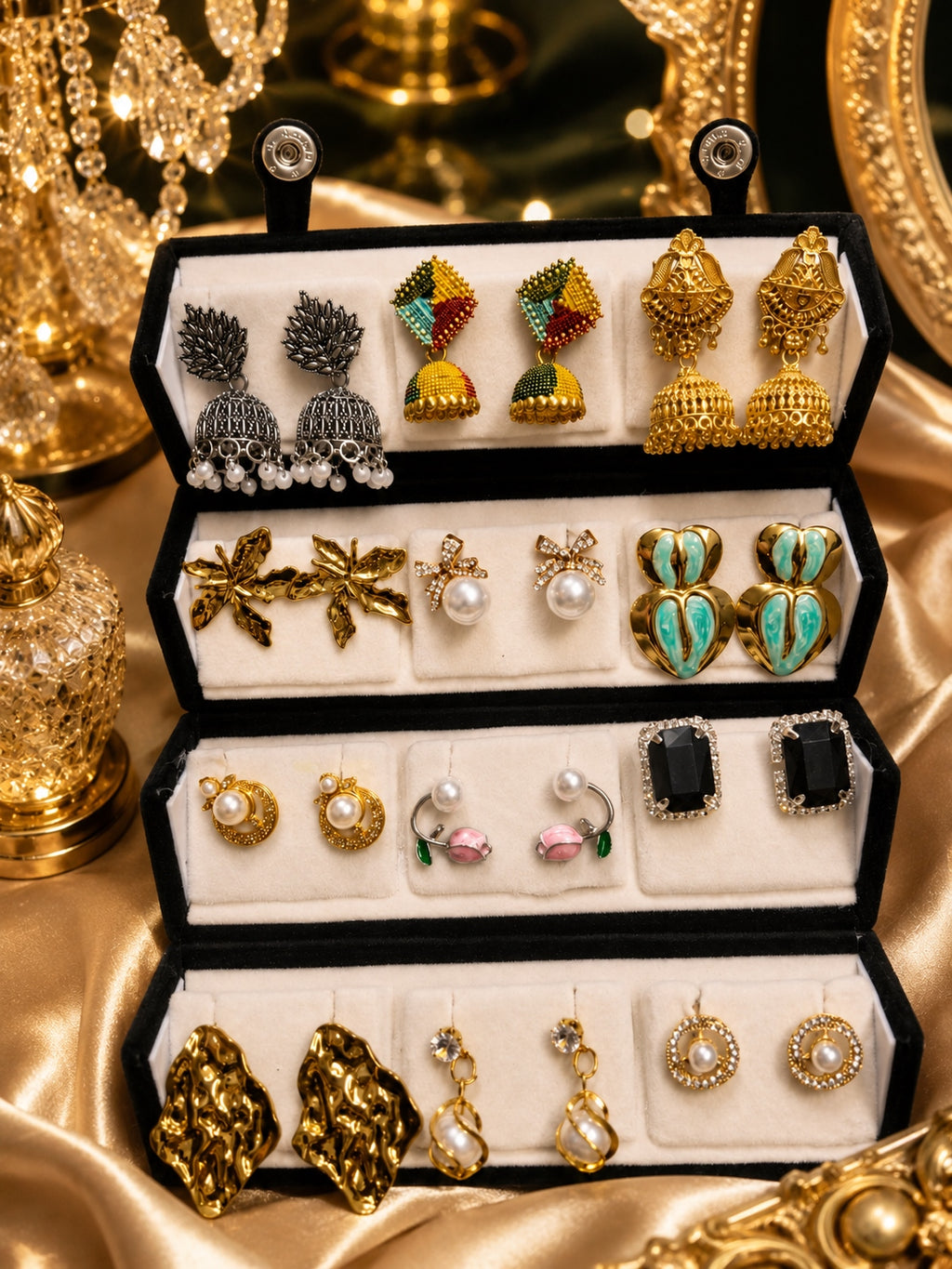 Latest earrings collection fashion jewellery combo box gold decor
