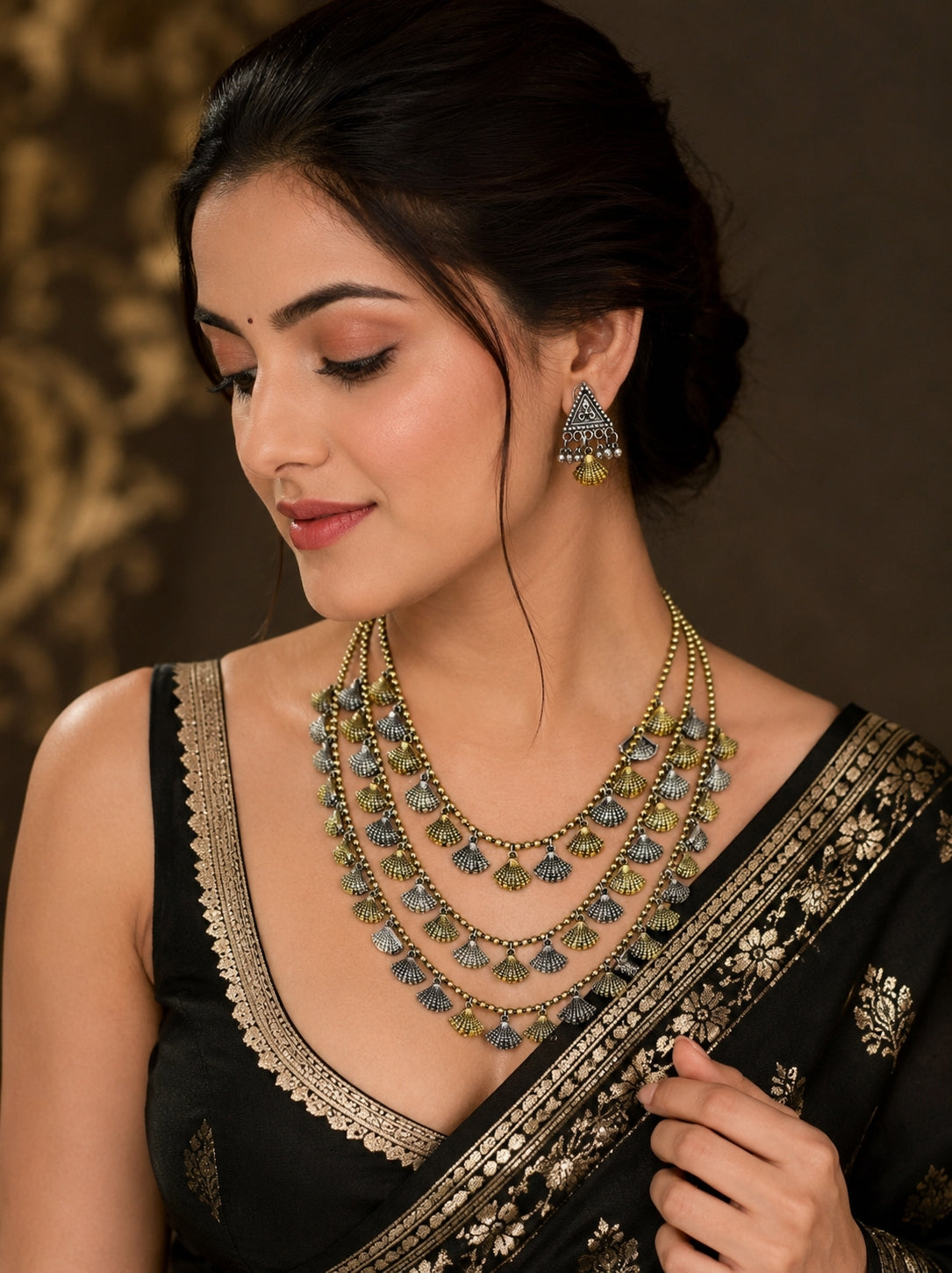 Layered brass necklace set with earrings