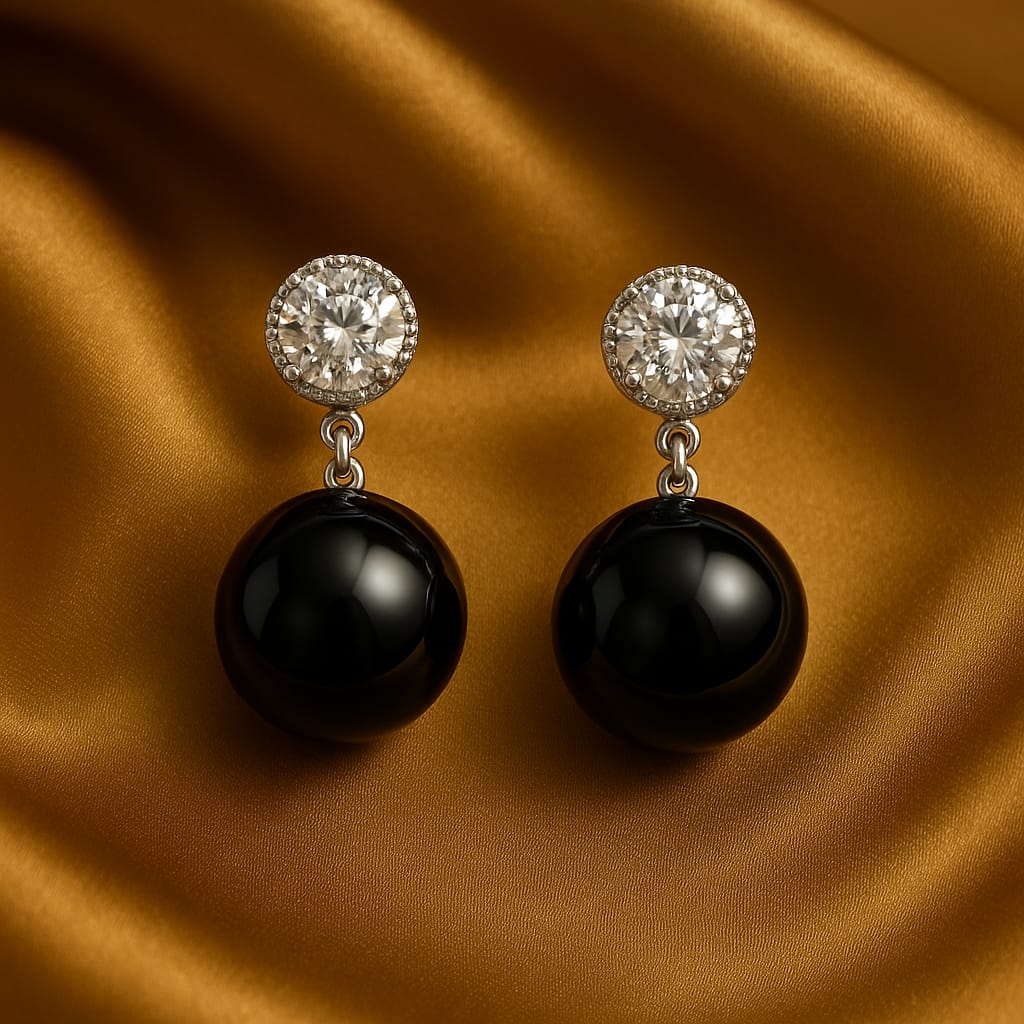 Premium Black Gloss Ball Drop Earrings for Women & Girls | Silver-Tone CZ Halo Stud Partywear Earrings | Elegant Lightweight Statement Jewellery