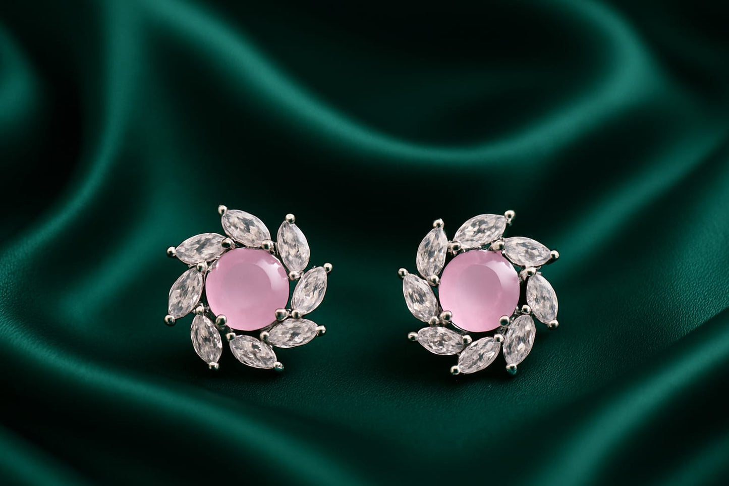 Blush Pink Stone Flower Stud Earrings for Women | Premium CZ Diamond Petal Design | Velvet Petals