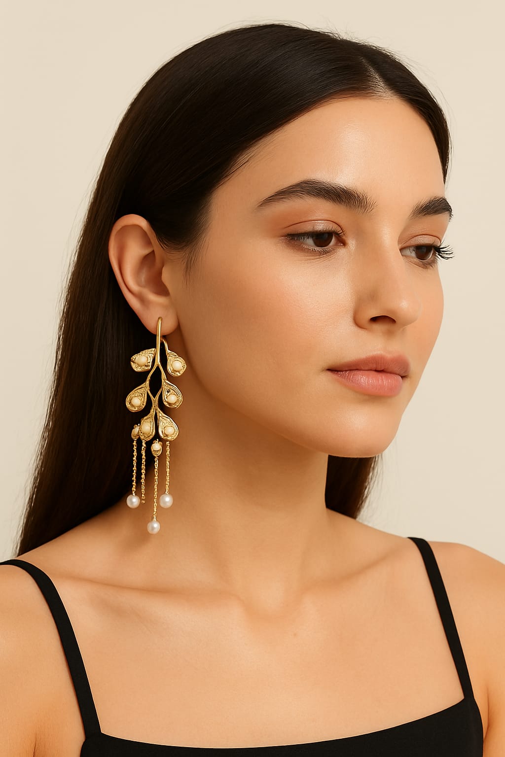 Luxury Gold Leaf Pearl Drop Earrings for Women | Designer Dangler Jewelry