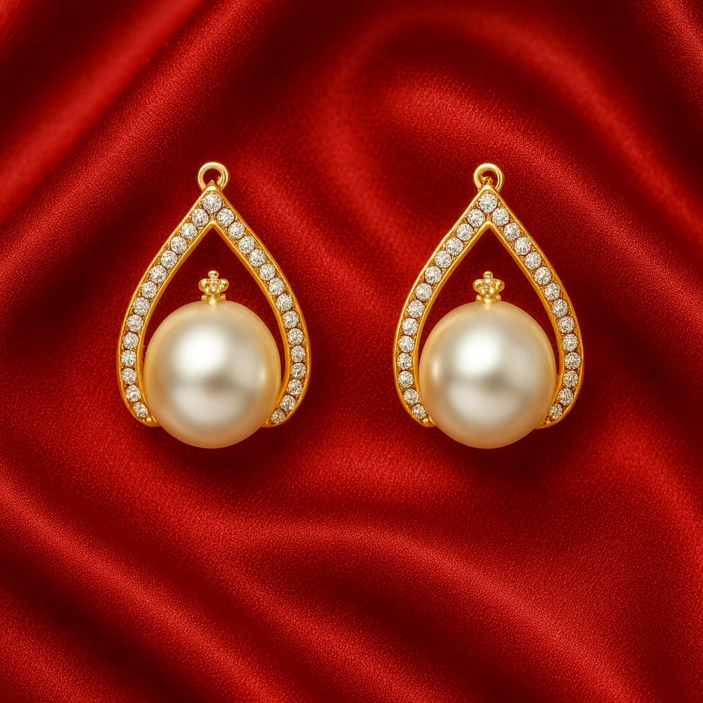 Luxury Gold-Plated Pearl Drop Earrings for Women | Teardrop Diamond CZ Studded Pearl Earrings | Premium Bridal & Party Wear Jewelry
