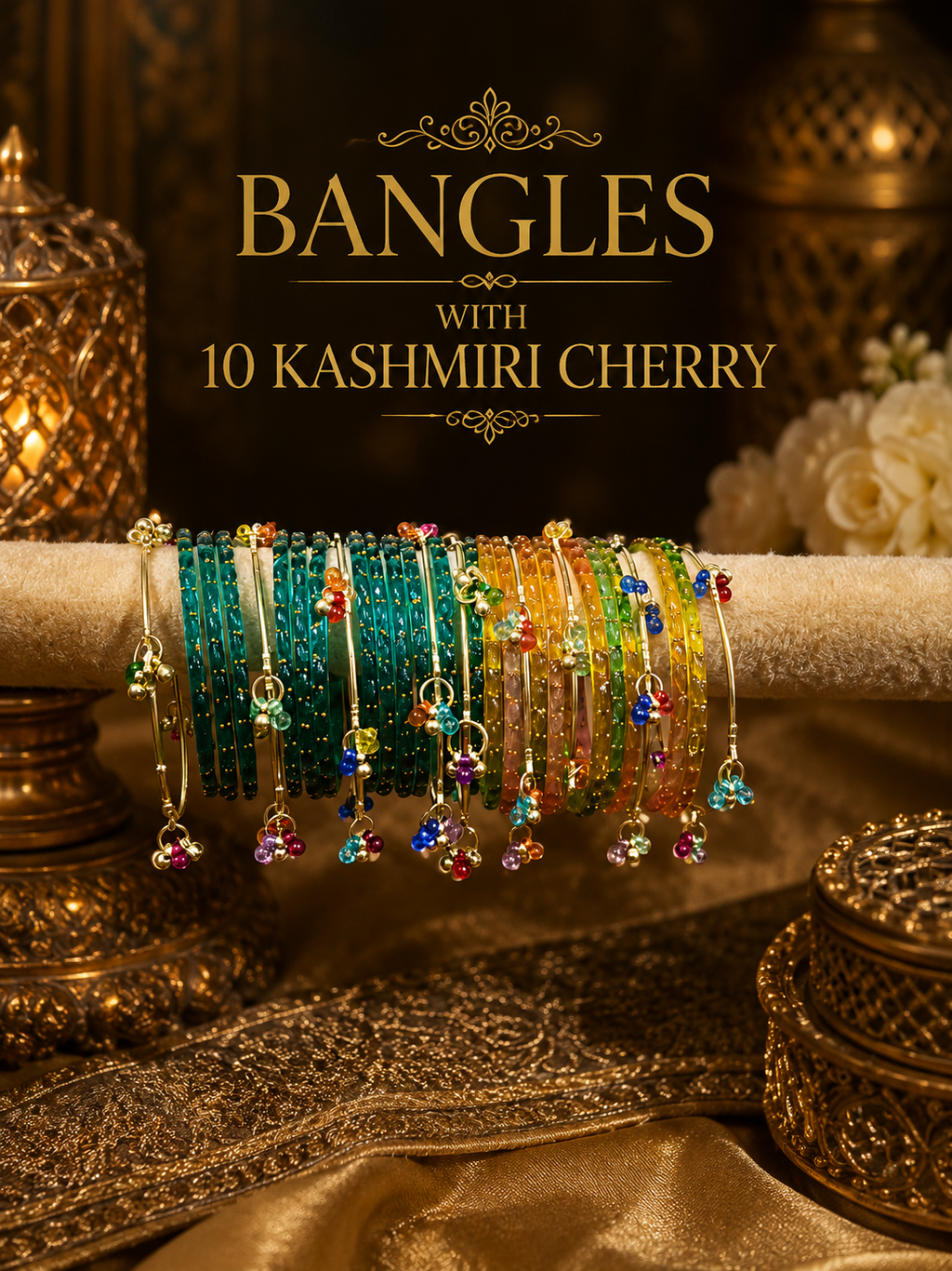 10 Kashmiri cherry bangles in multicolour glass with rainbow ghungroo drops