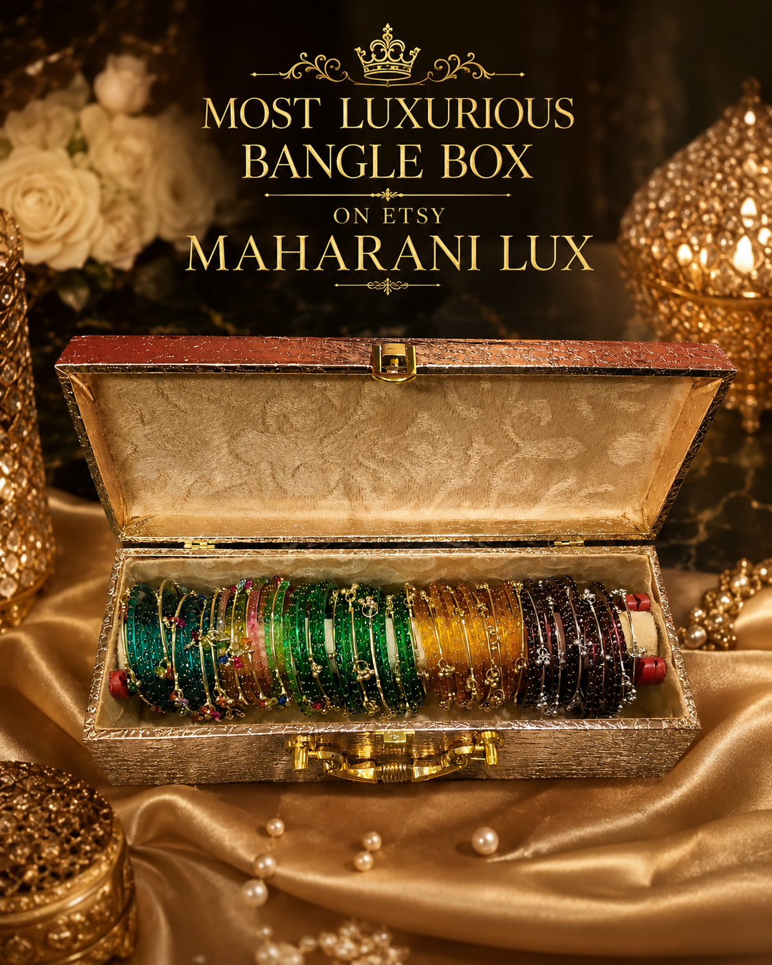 Maharani Lux Kashmiri bangle box set open showing multicolour bangles on roller