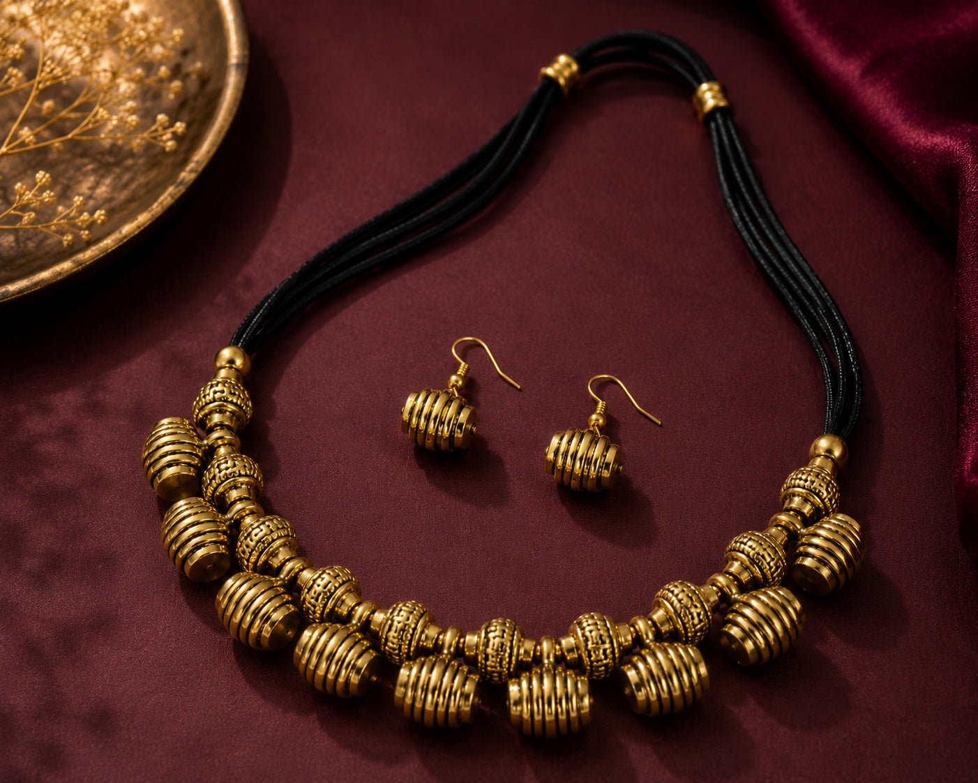 Antique brass necklace and earrings minimalist flat lay