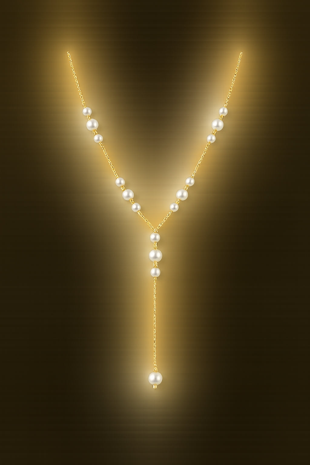 Minimalist gold pearl Y-necklace product shot on dark gold background