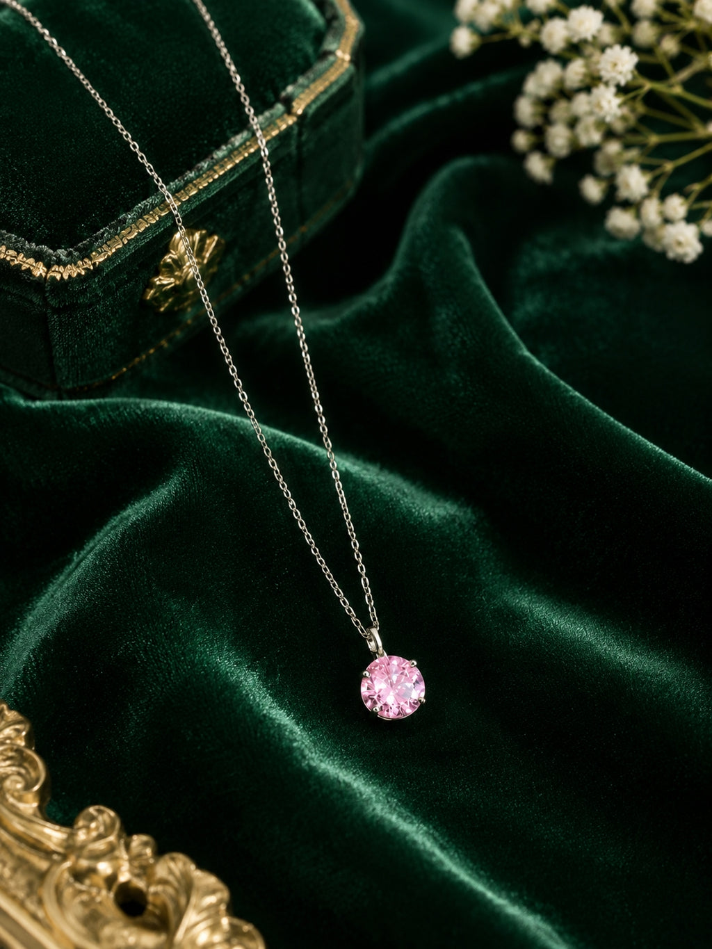 Silver-Toned Pink CZ Solitaire Pendant Necklace