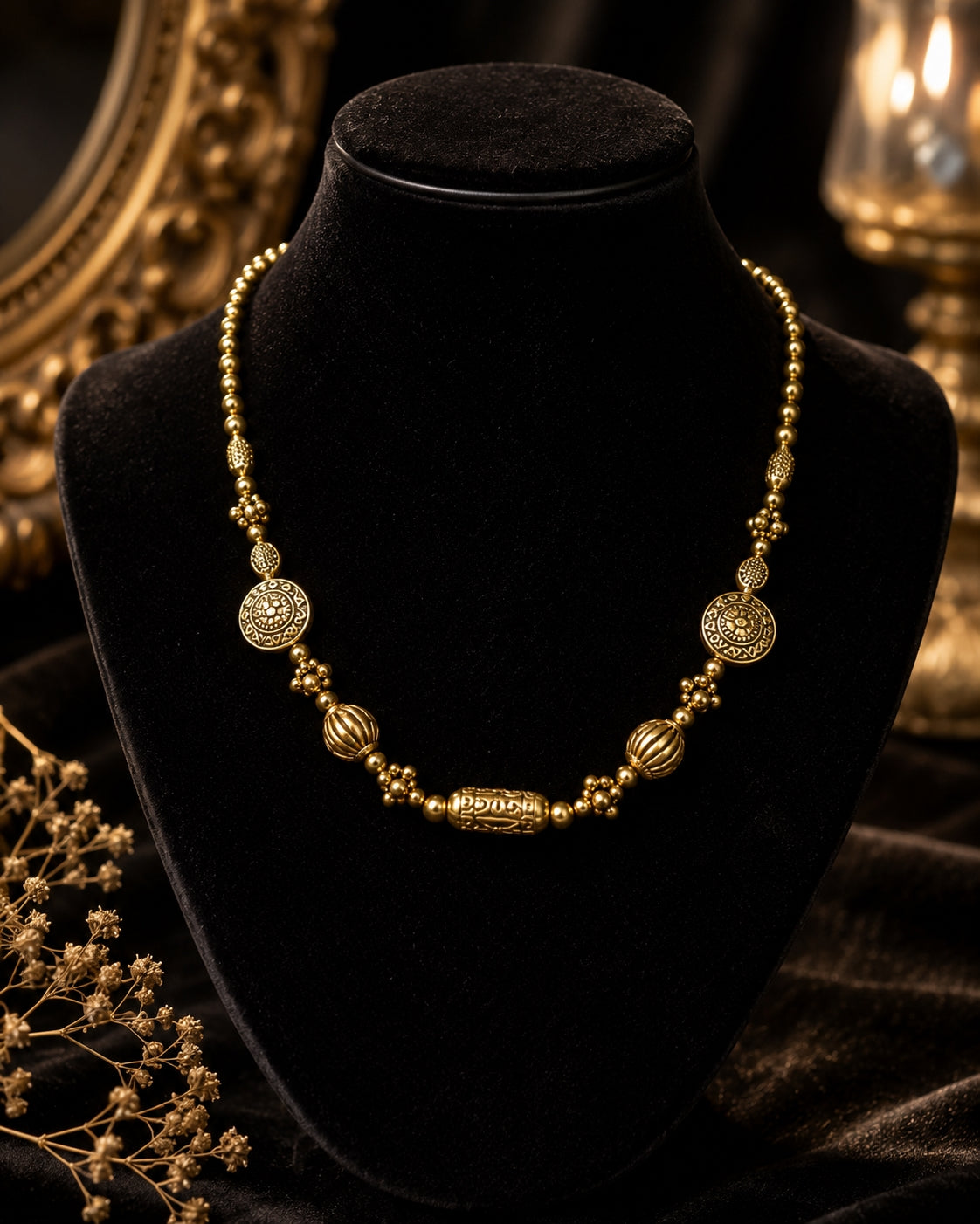 Antique gold beaded necklace on black velvet bust with candles