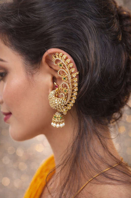 Peacock Bugadi Ear Cuff Earrings for Women | Traditional Bridal Jhumka Earcuff