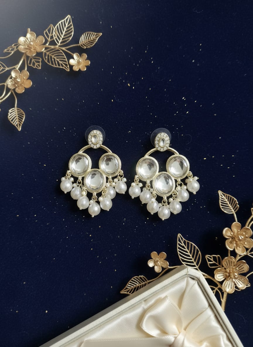 Premium Kundan Mirror & Pearl Drop Chandbali Earrings
