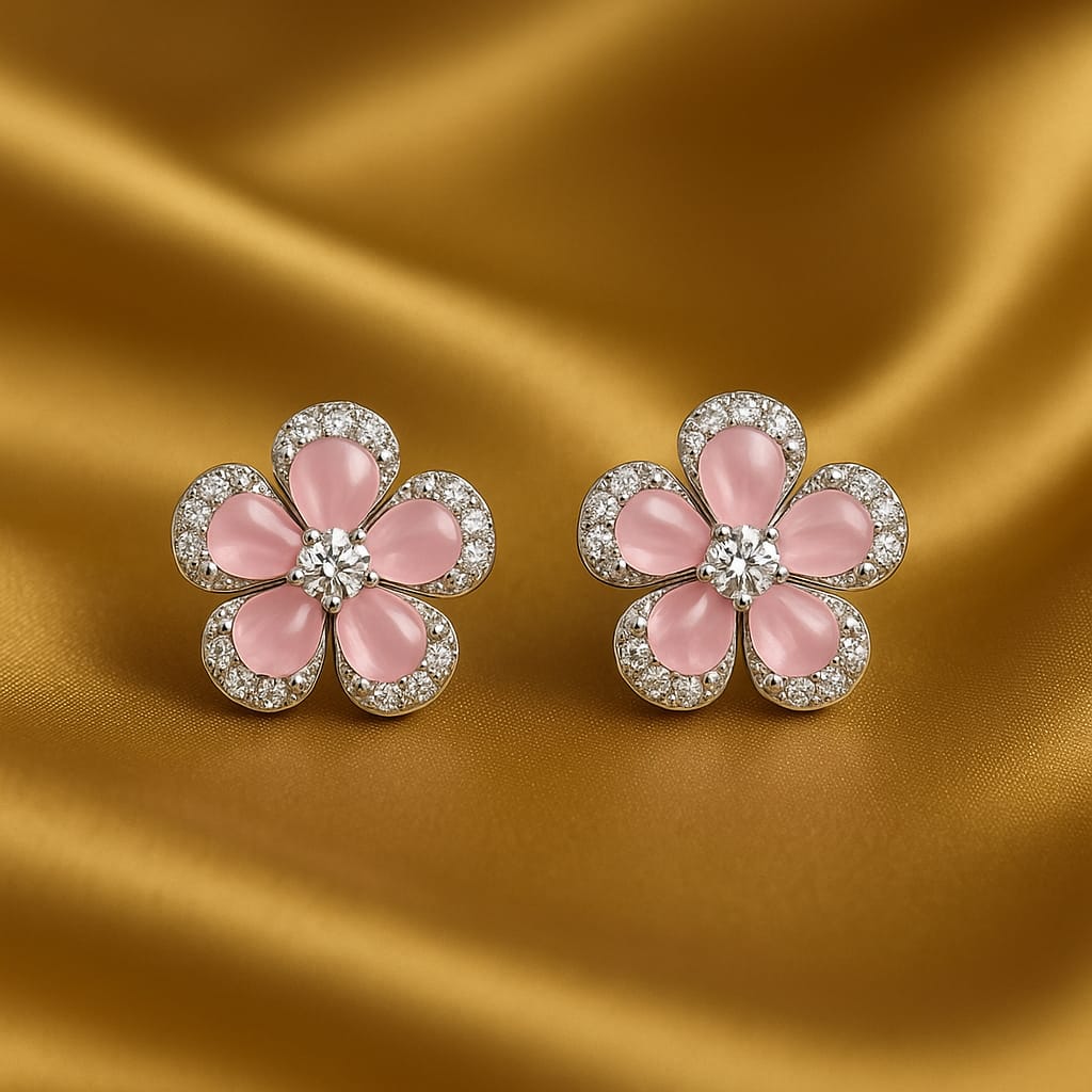 Velvet Petals American Diamond Light Pink Enamel Diamond-Cut Floral Stud Earrings for Women | Premium Silver Bloom Design | Daily & Party Wear Jewelry