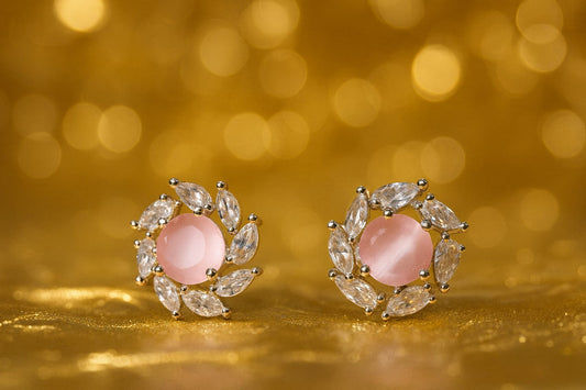 Blush Pink Stone Flower Stud Earrings for Women | Premium CZ Diamond Petal Design | Velvet Petals