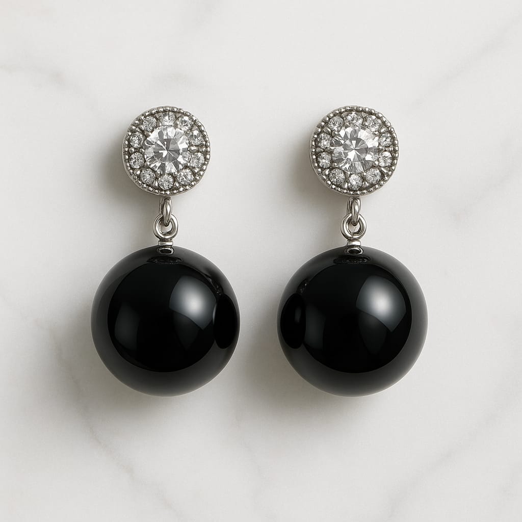 Premium Black Gloss Ball Drop Earrings for Women & Girls | Silver-Tone CZ Halo Stud Partywear Earrings | Elegant Lightweight Statement Jewellery