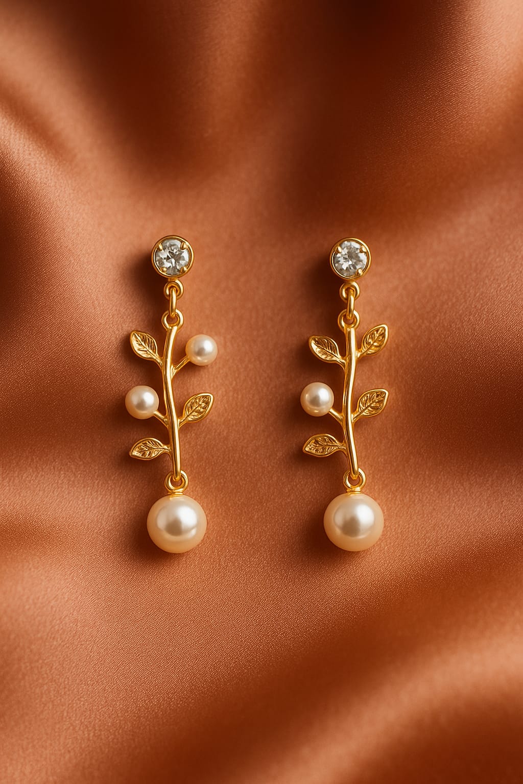 Gold Leaf Pearl Drop Earrings for Women & Girls | Elegant Branch Design Dangler Earrings | Lightweight Partywear Jewellery