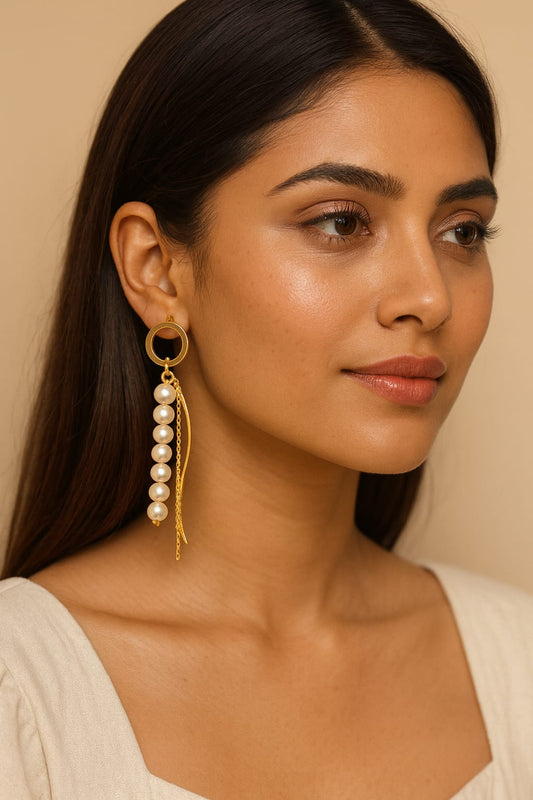 Elegant Gold Long Pearl Dangle Earrings for Women & Girls | Lightweight Statement Partywear Chain Drop Earrings | Premium Fashion Jewellery