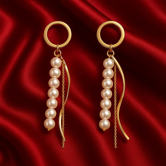 Elegant Gold Long Pearl Dangle Earrings for Women & Girls | Lightweight Statement Partywear Chain Drop Earrings | Premium Fashion Jewellery