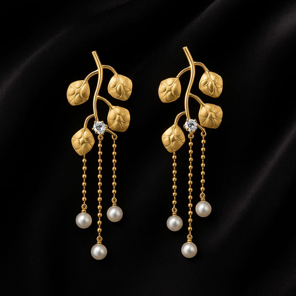 Luxury Gold Leaf Pearl Drop Earrings for Women | Designer Dangler Jewelry