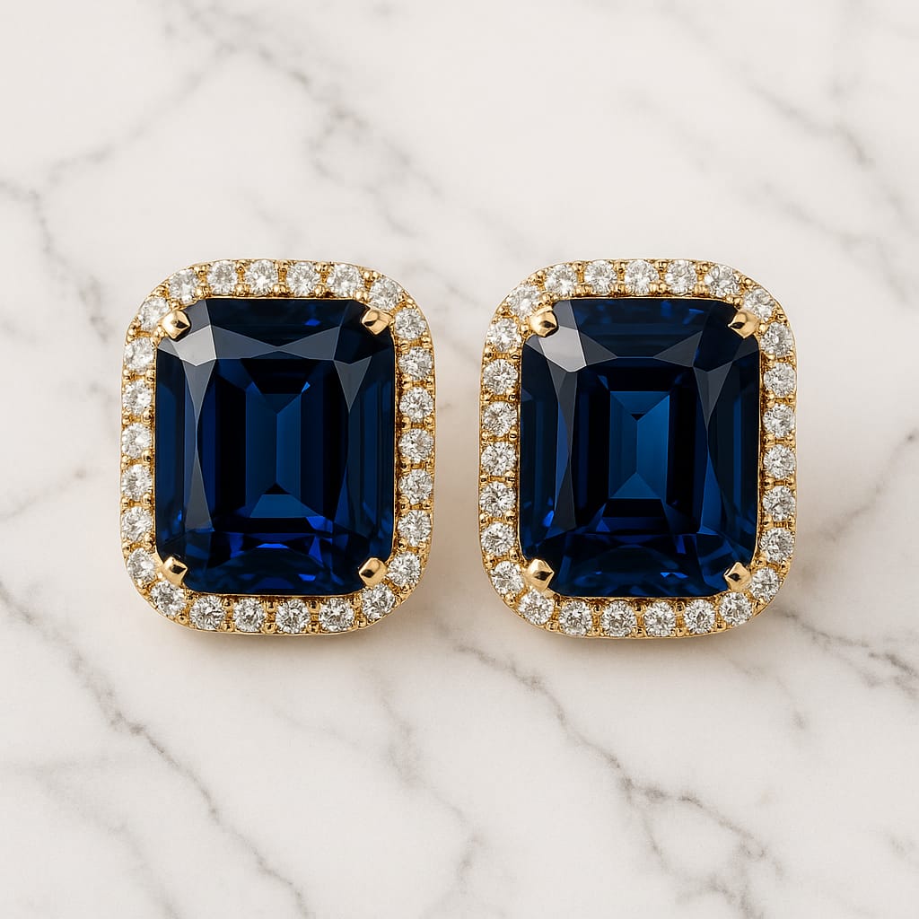 Royal Midnight Sapphire Stud Earrings for Women – Premium Gold-Plated Square Blue Stone Earrings with Diamond Halo | Velvet Petals