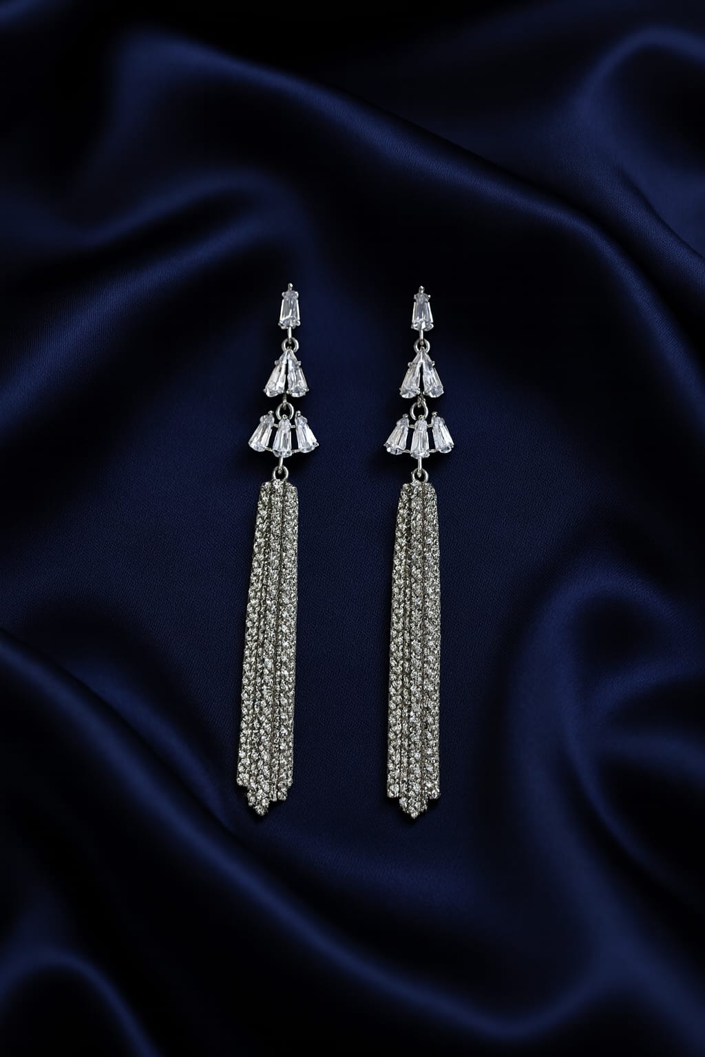 Silver Crystal Waterfall Long Dangler Earrings for Women | Premium Statement Party Wear | Velvet Petals