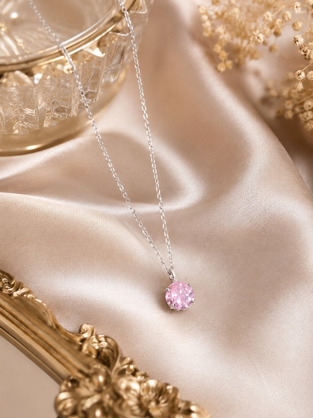 Silver-Toned Pink CZ Solitaire Pendant Necklace