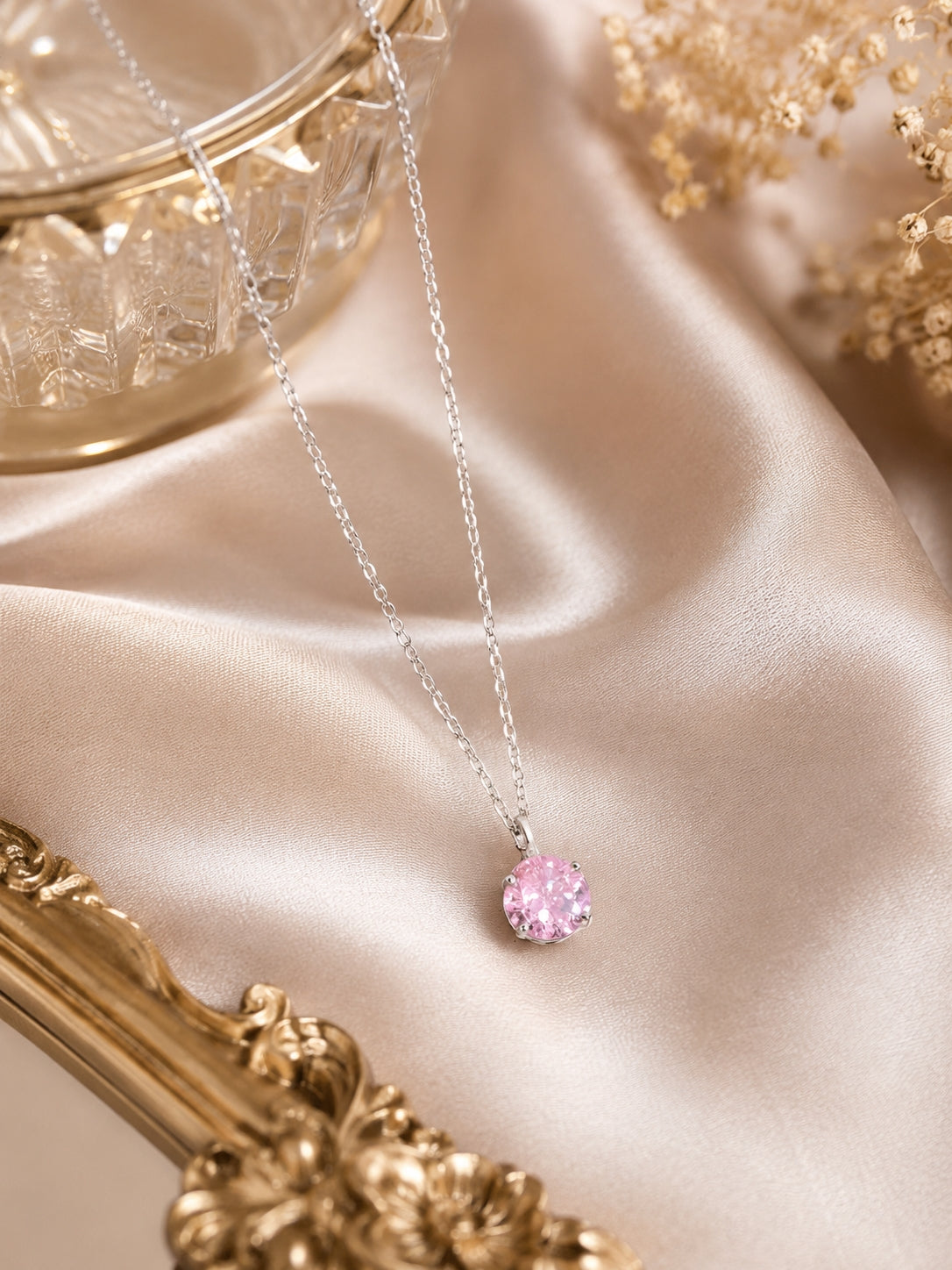 Silver-Toned Pink CZ Solitaire Pendant Necklace