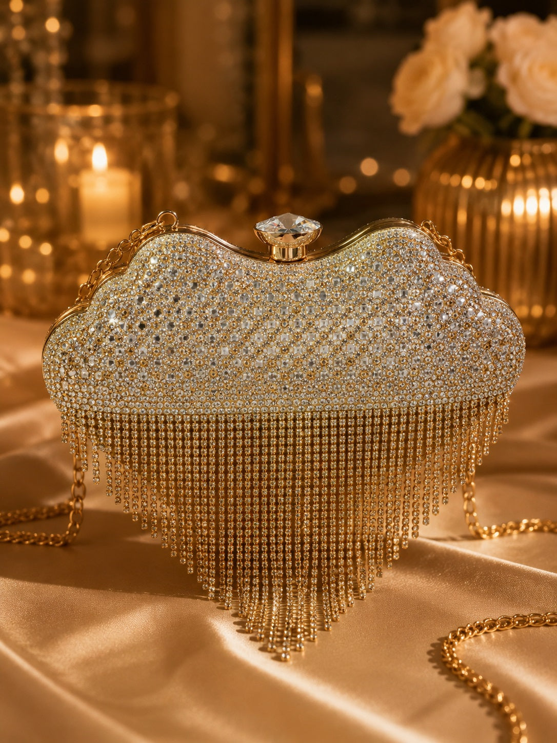 Gold crystal heart clutch with tassel chain on satin