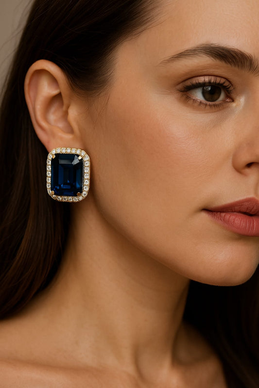 Royal Midnight Sapphire Stud Earrings for Women – Premium Gold-Plated Square Blue Stone Earrings with Diamond Halo | Velvet Petals