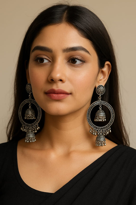 Royal Oxidized Double Jhumka Hoop Earrings – Traditional Ethnic Statement Jewelry for Women
