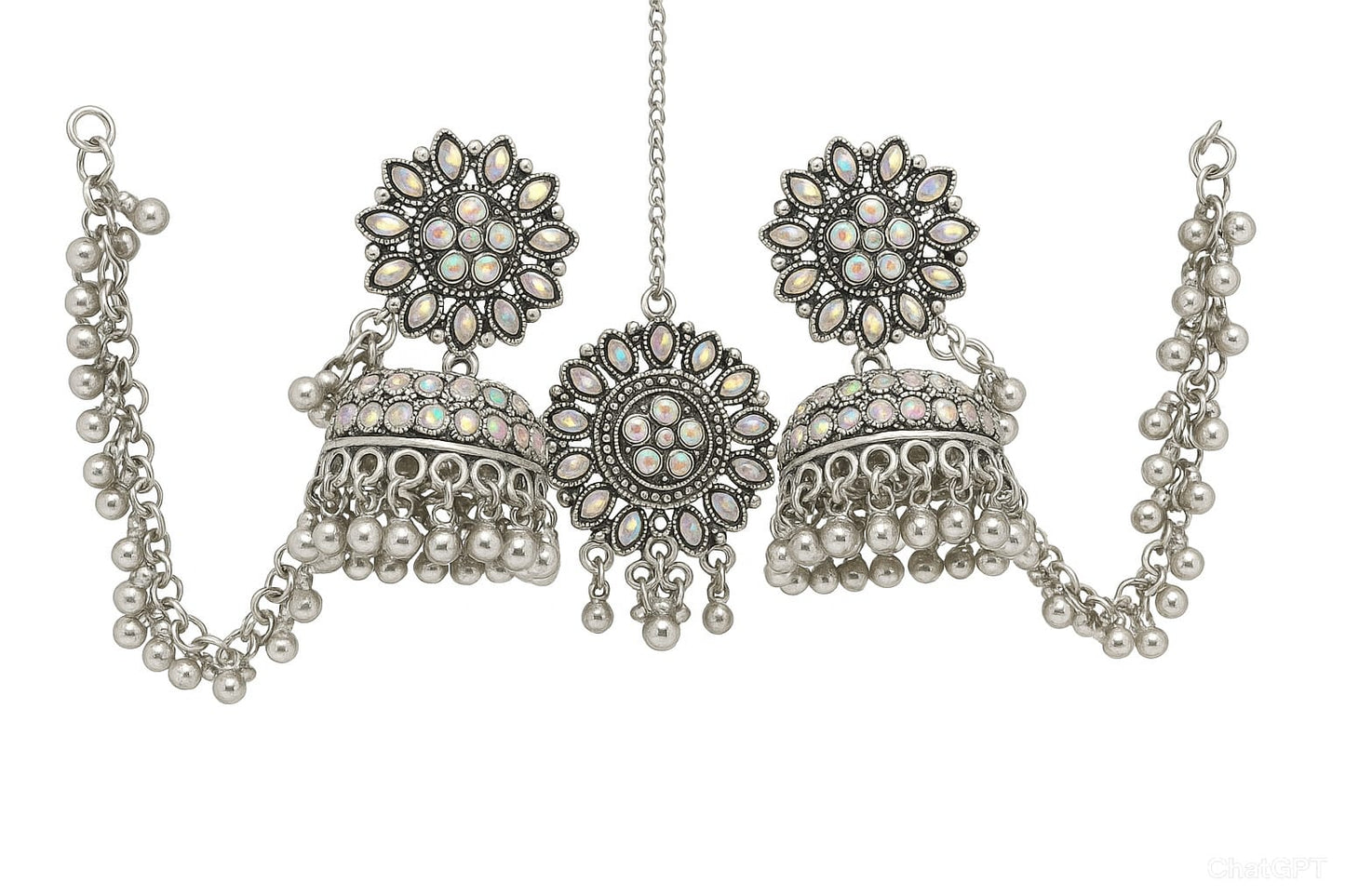 Royal Oxidized Mirror Jhumka Earrings with Sheeshphool Chain – Traditional Bridal Statement Jewellery for Women