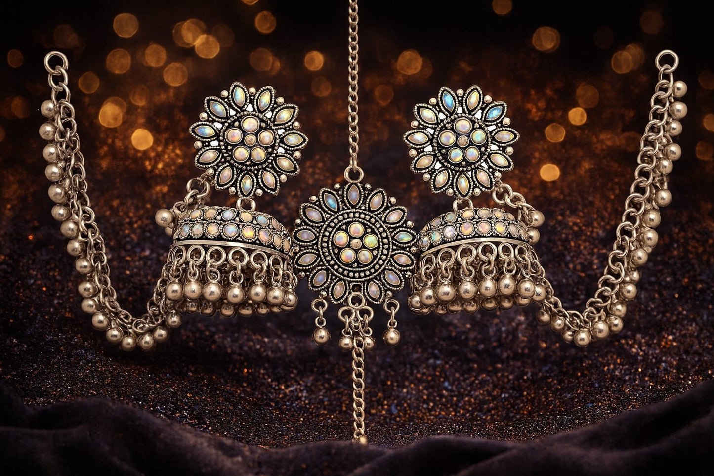Royal Oxidized Mirror Jhumka Earrings with Sheeshphool Chain – Traditional Bridal Statement Jewellery for Women