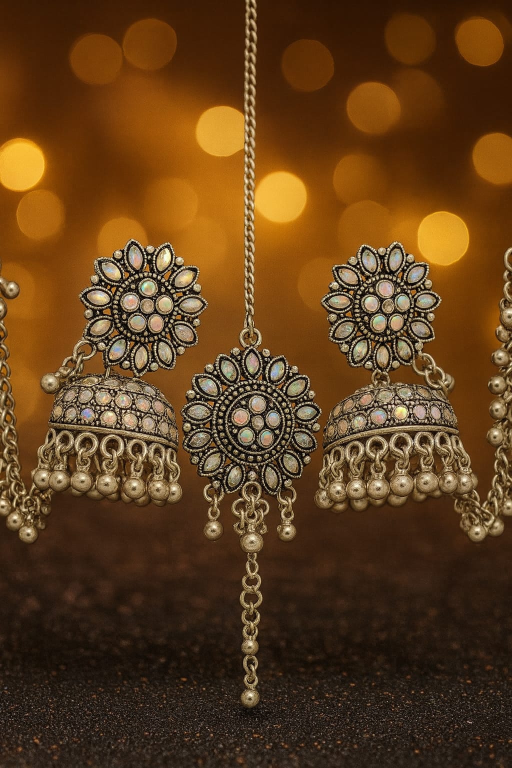 Royal Oxidized Mirror Jhumka Earrings with Sheeshphool Chain – Traditional Bridal Statement Jewellery for Women