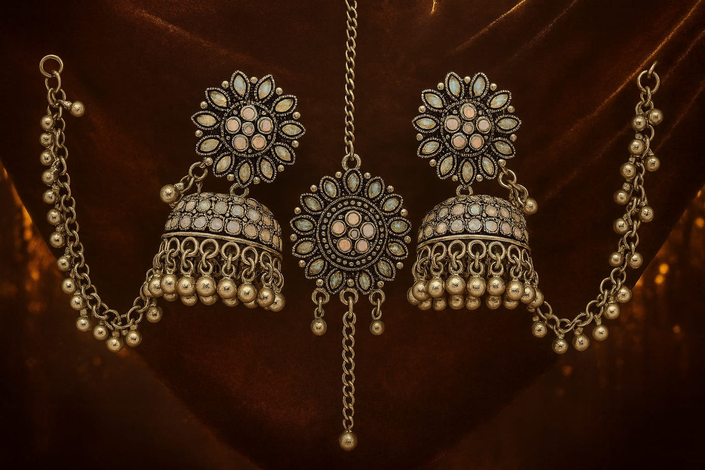Royal Oxidized Mirror Jhumka Earrings with Sheeshphool Chain – Traditional Bridal Statement Jewellery for Women