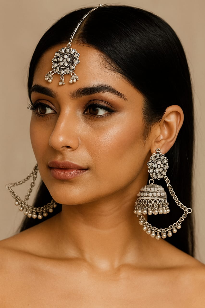 Royal Oxidized Mirror Jhumka Earrings with Sheeshphool Chain – Traditional Bridal Statement Jewellery for Women