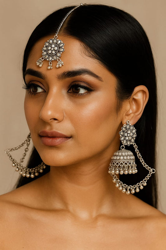 Royal Oxidized Mirror Jhumka Earrings with Sheeshphool Chain – Traditional Bridal Statement Jewellery for Women