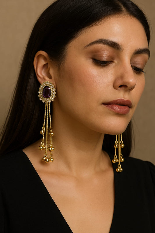 Ruby Pink Stone Gold Long Dangler Earrings for Women | Premium Kundan Look Jhumki Style | Velvet Petals