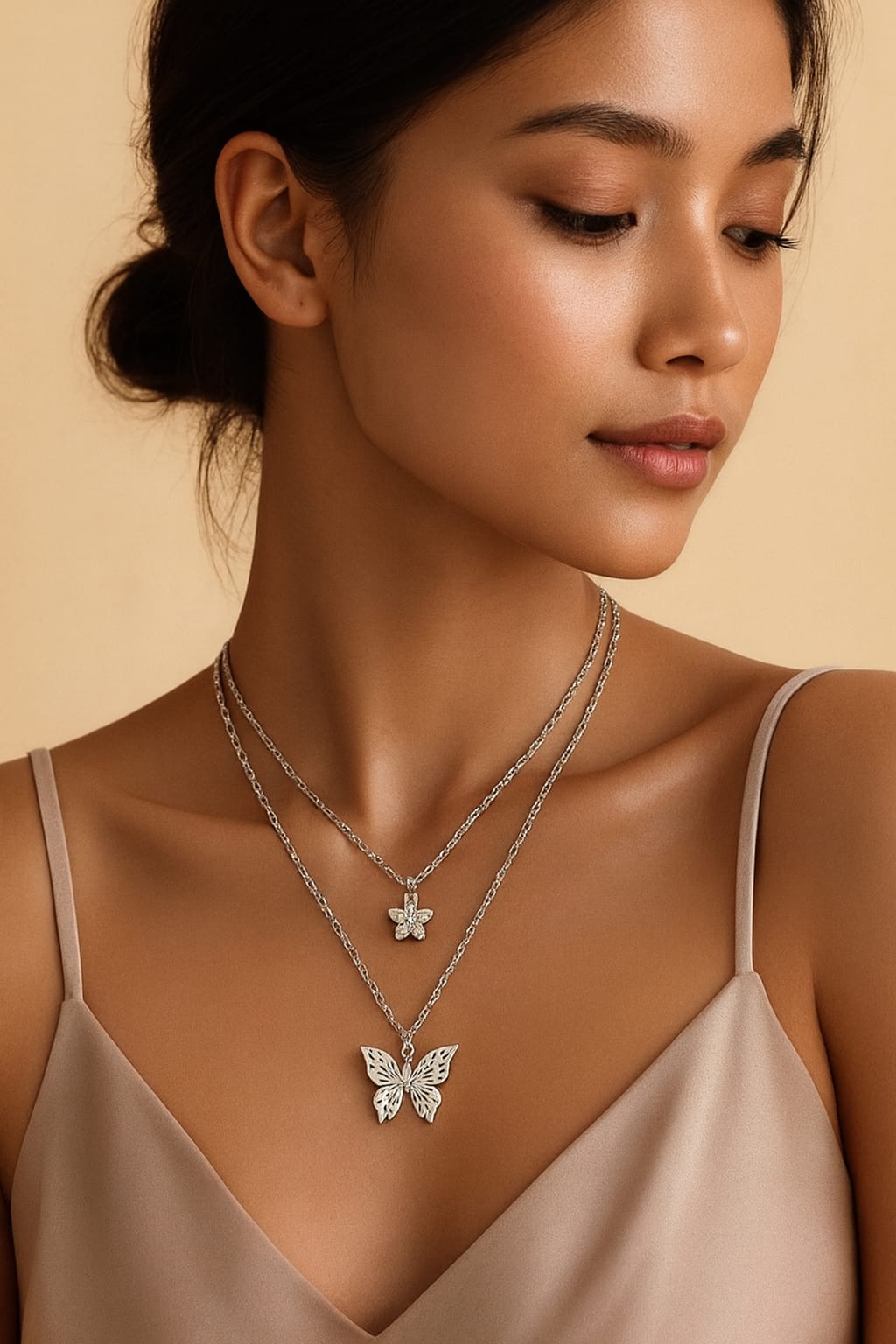 Silver Butterfly Layered Necklace for Women | Trendy Dual Chain Pendant Jewelry
